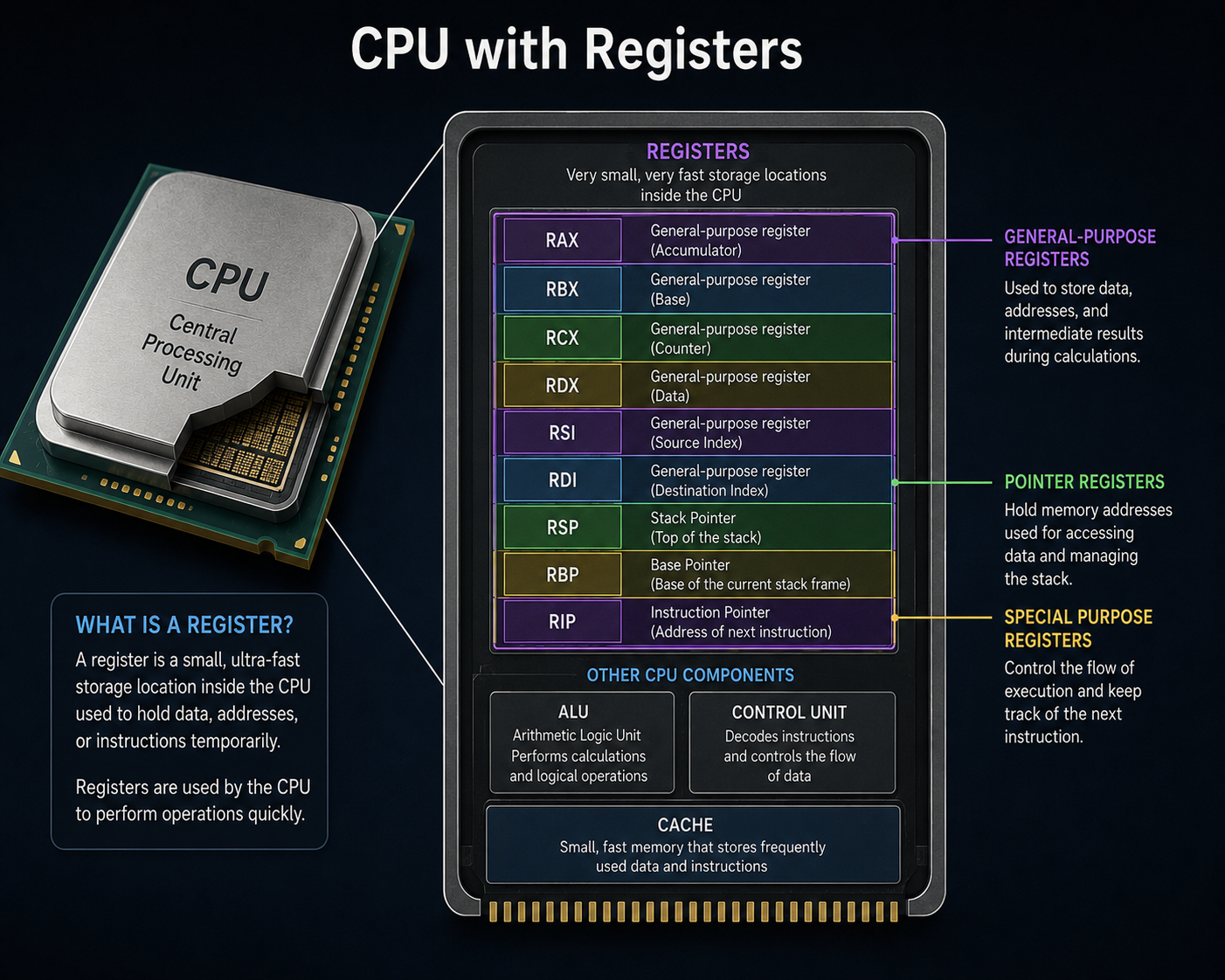 Registers inside a CPU.