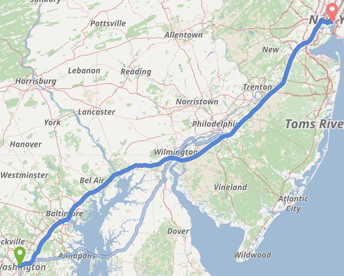 Driving distance between Washington DC and New York City according to GrasHopper using OpenStreetMapp