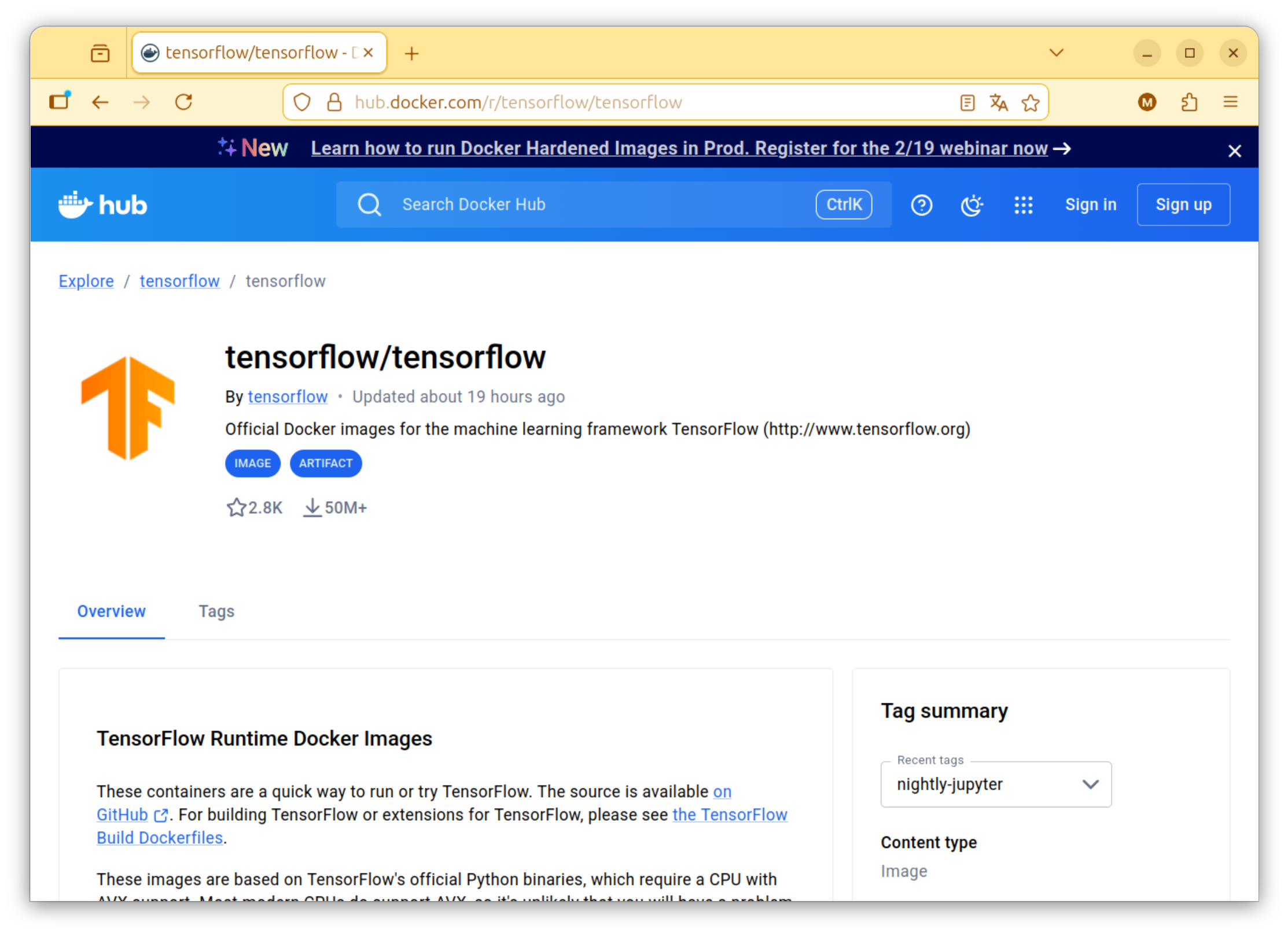 Screenshot of Docker Hub in a Firefox browser for tensorflow.